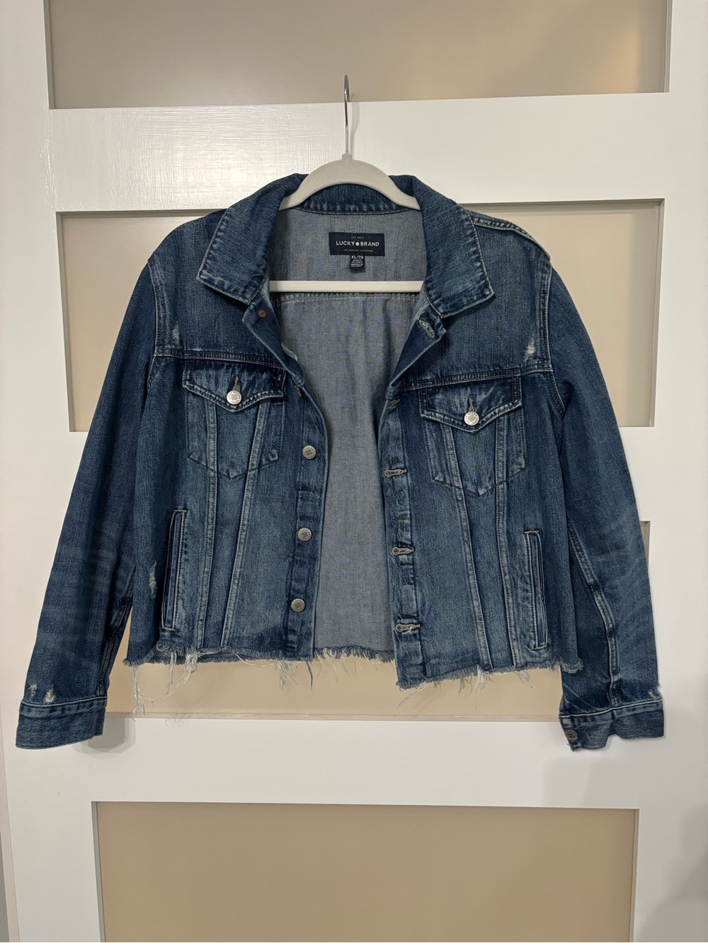 Lucky Brand Dark Blue Distressed Cropped Denim Jacket